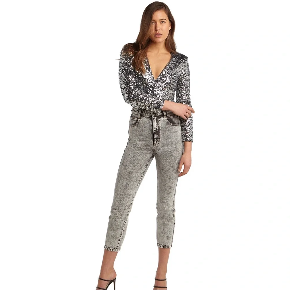 NEW BARDOT SILVER SEQUIN LONG SLEEVE BODYSUIT - Picture 10 of 11
